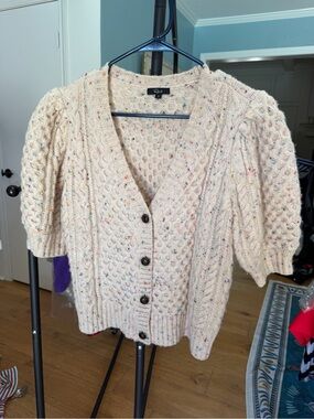 Rails Cream Speckled Cable Cardigan with Puff Sleeves